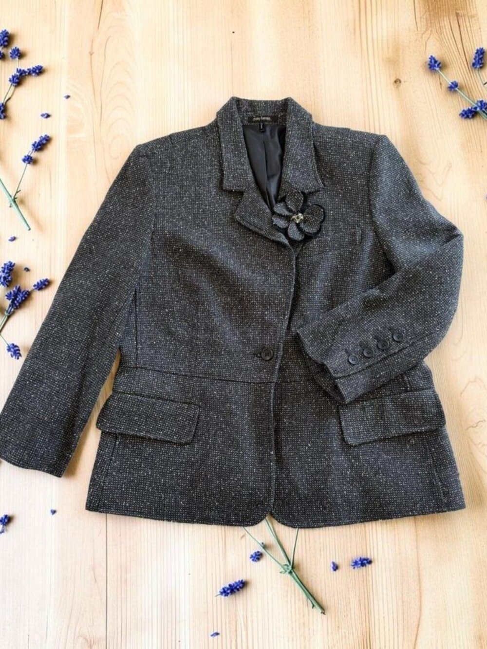 Daisy Fuentes Womens 14 Dark Gray Tweed Blazer Tailored Jacket 3/4 Sleeve‎